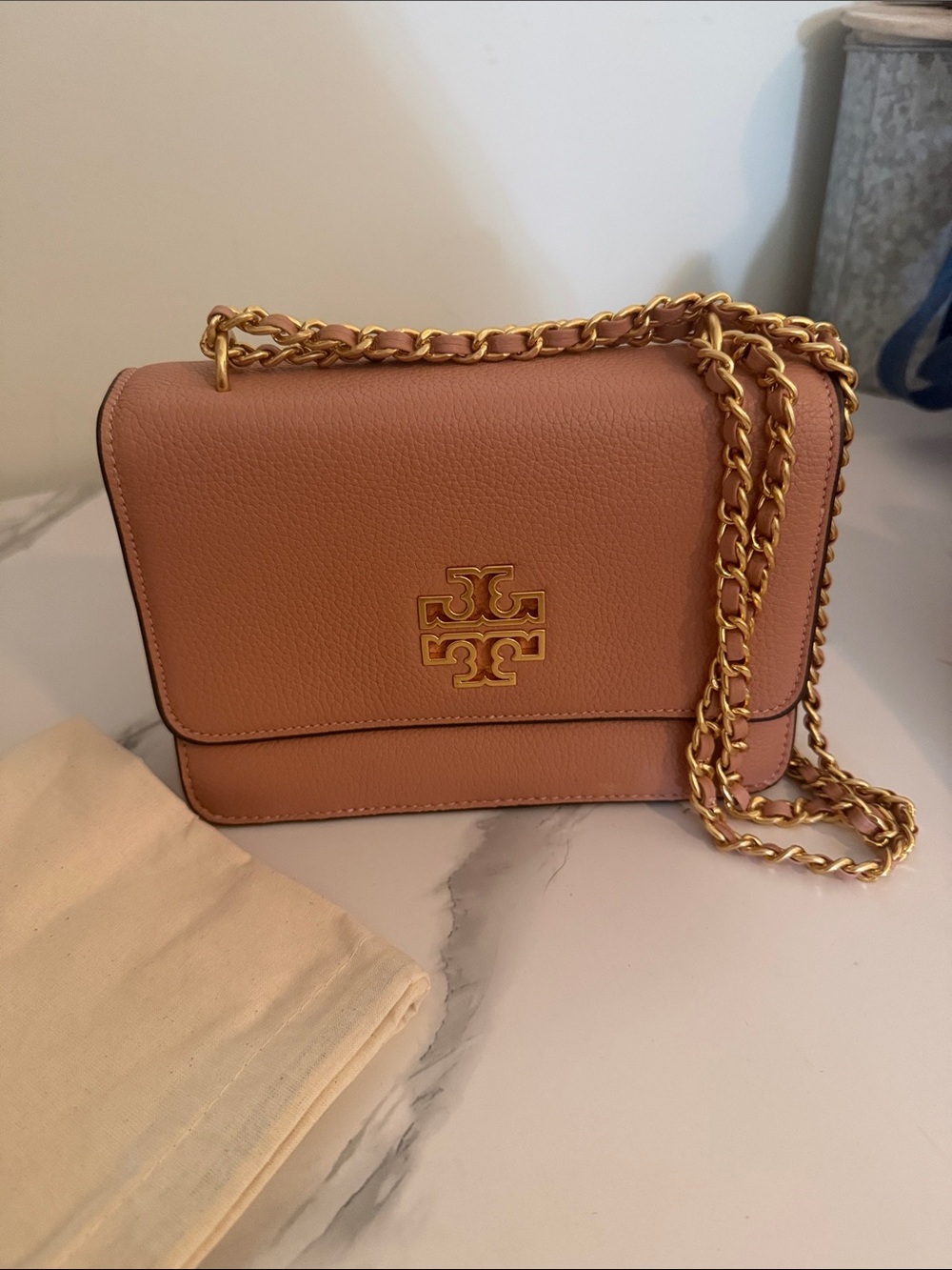 Tory Burch Blush Pink Leather Chain Strap Crossbody with Gold Logo